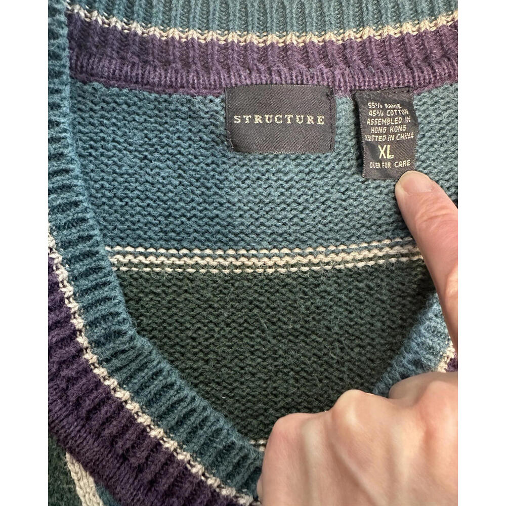 Vintage Structure Sweater Vest Mens L Blue Green Purple 90s Stripe V Neck Preppy - Picture 5 of 6